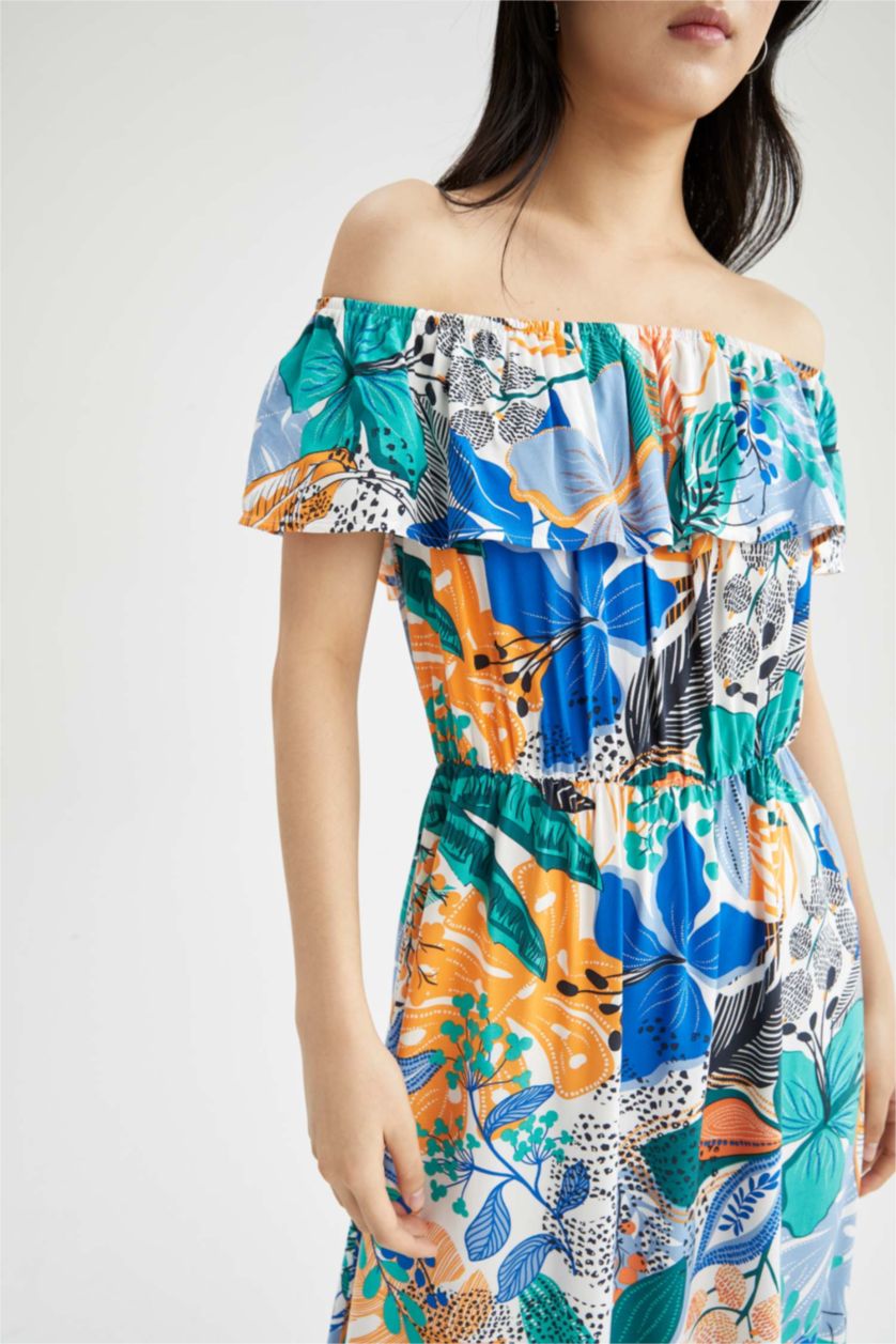 نساء أزرق فاتح فستان فيسكوز طويل بنقشة الزهور مع أكتاف مفتوحة