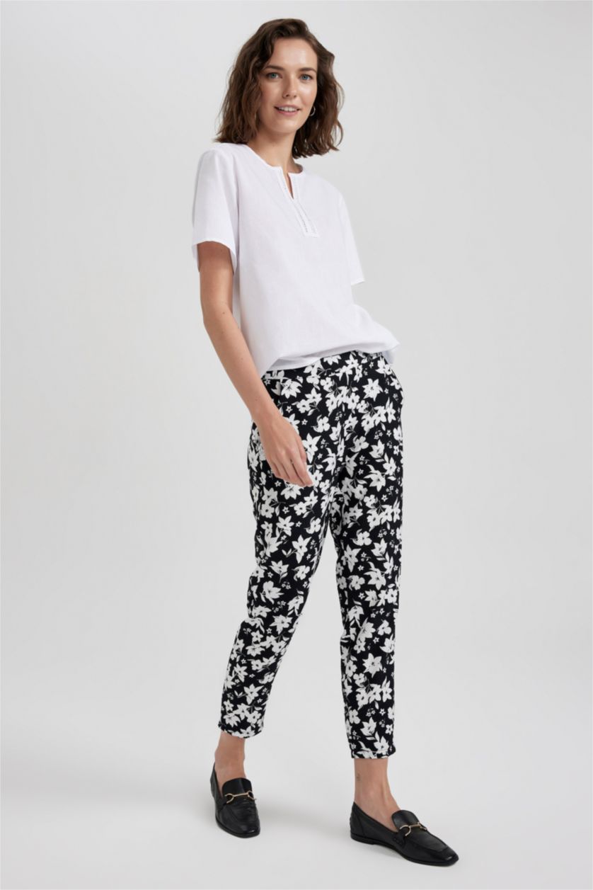 FEMME Noir Pantalon Aspect Lin Avec Poche Sarouel