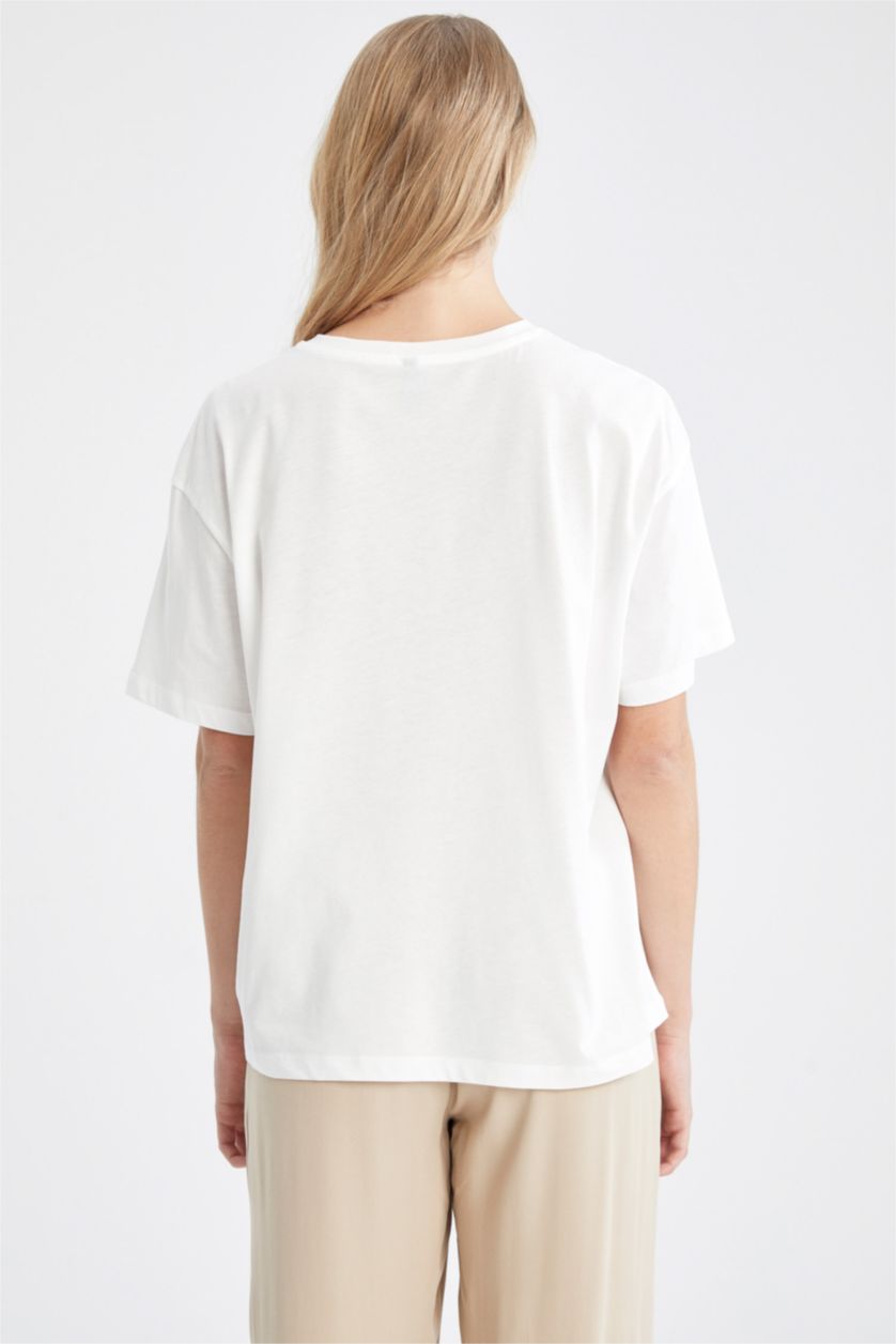 Kadın Ekru Oversize Fit Bisiklet Yaka New York Baskılı Kısa Kollu %100 Pamuk Tişört