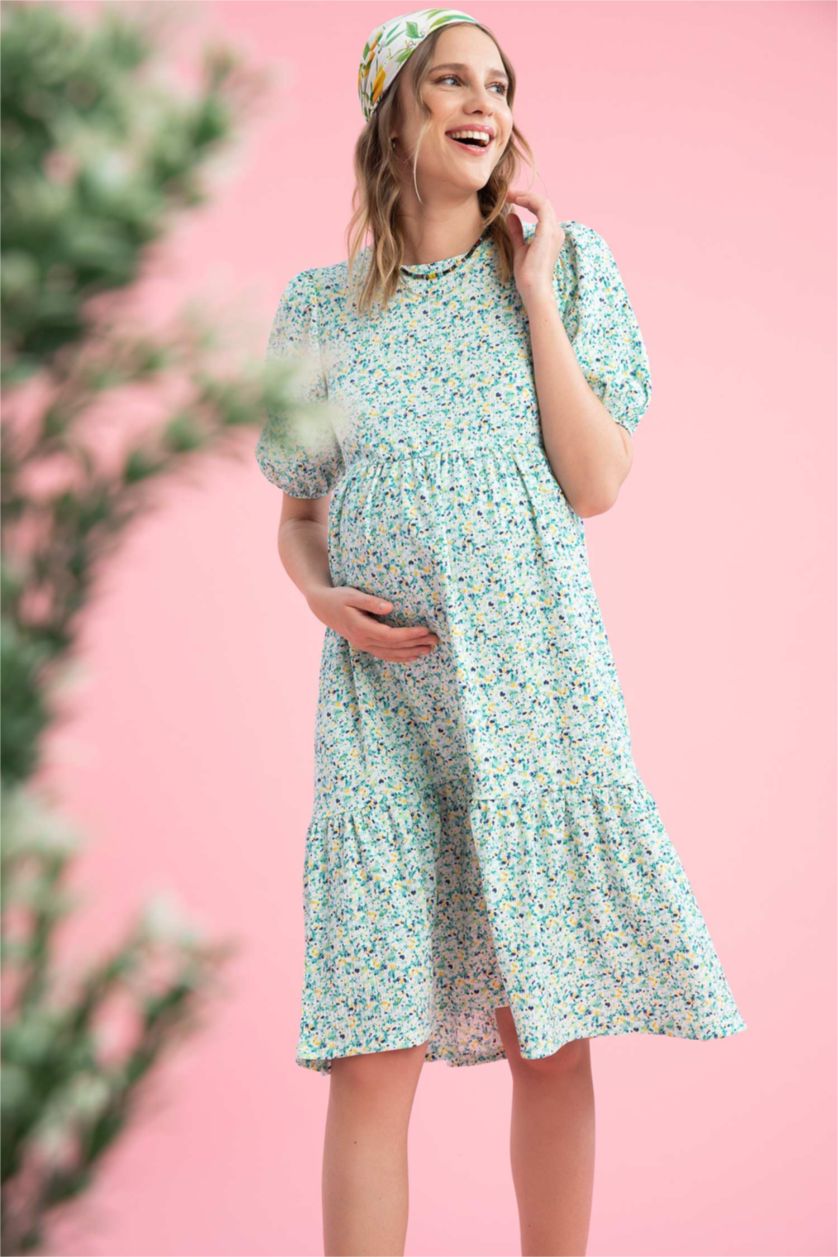 Kadın Açık Mavi Midi Hamile Elbise