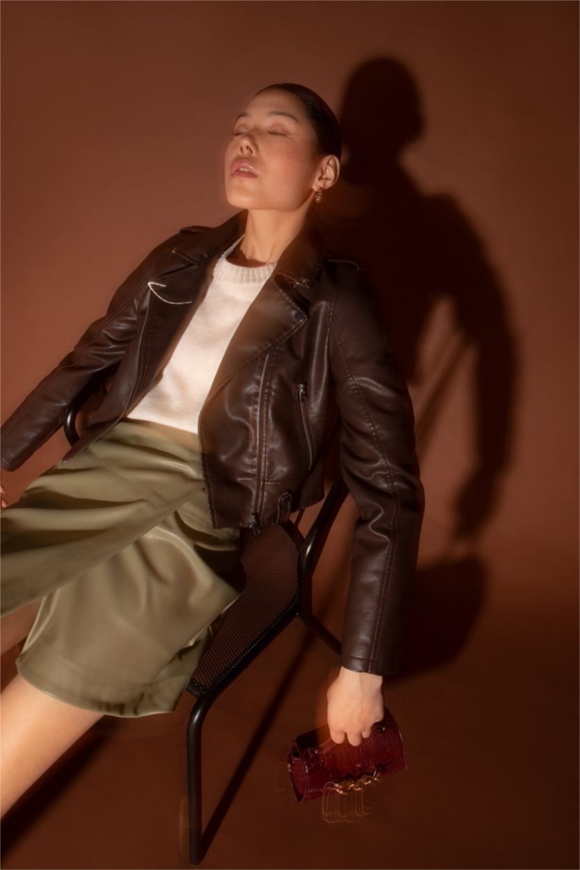 WOMAN Brown Regular Fit Faux Leather Crop Biker Jacket