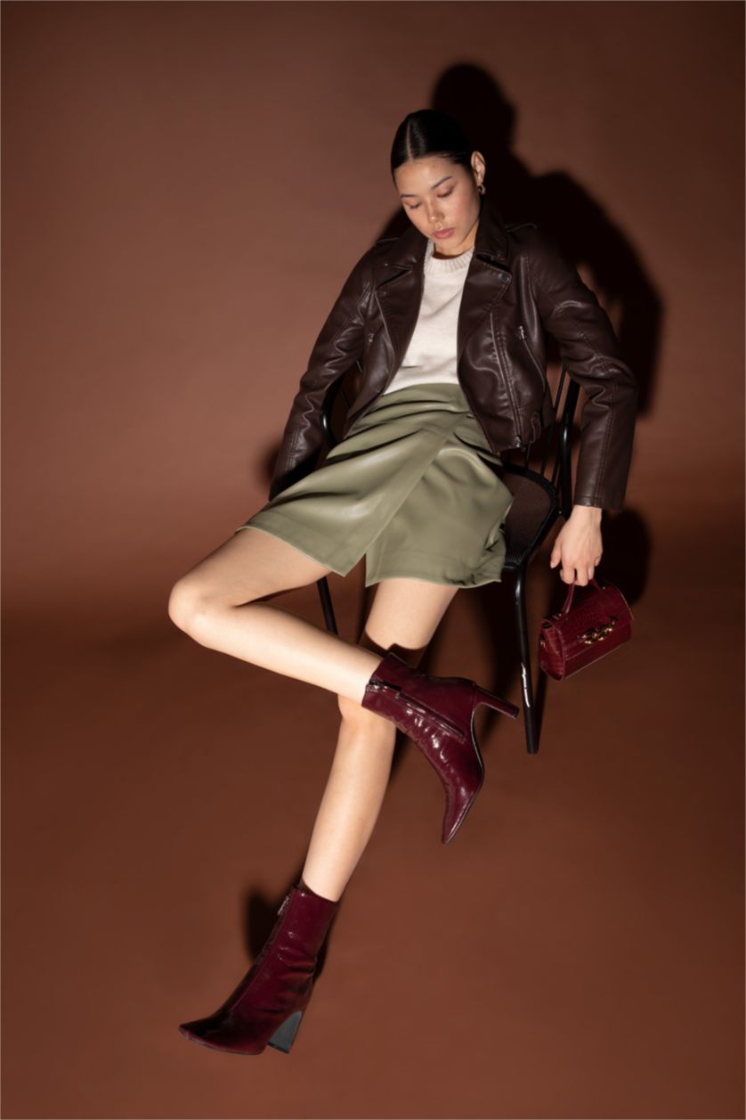 WOMAN Brown Regular Fit Faux Leather Crop Biker Jacket