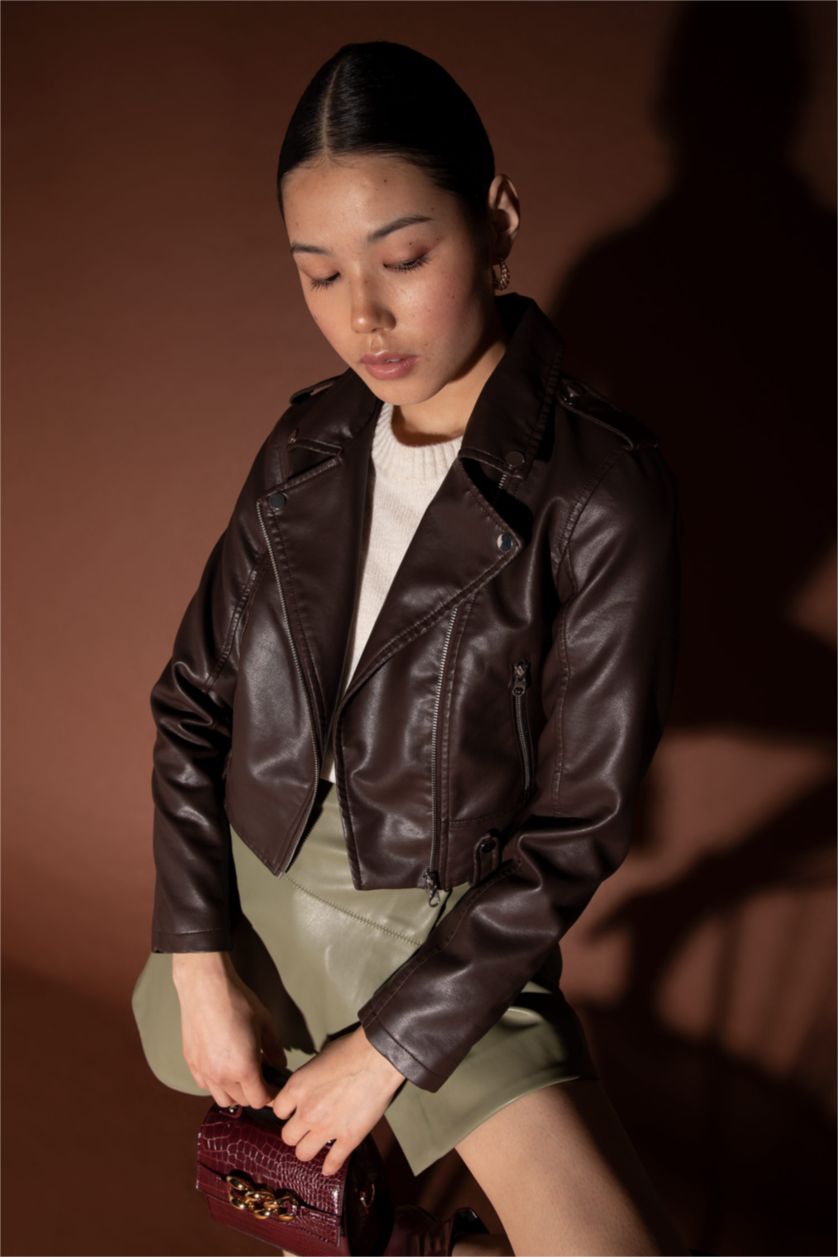 WOMAN Brown Regular Fit Faux Leather Crop Biker Jacket