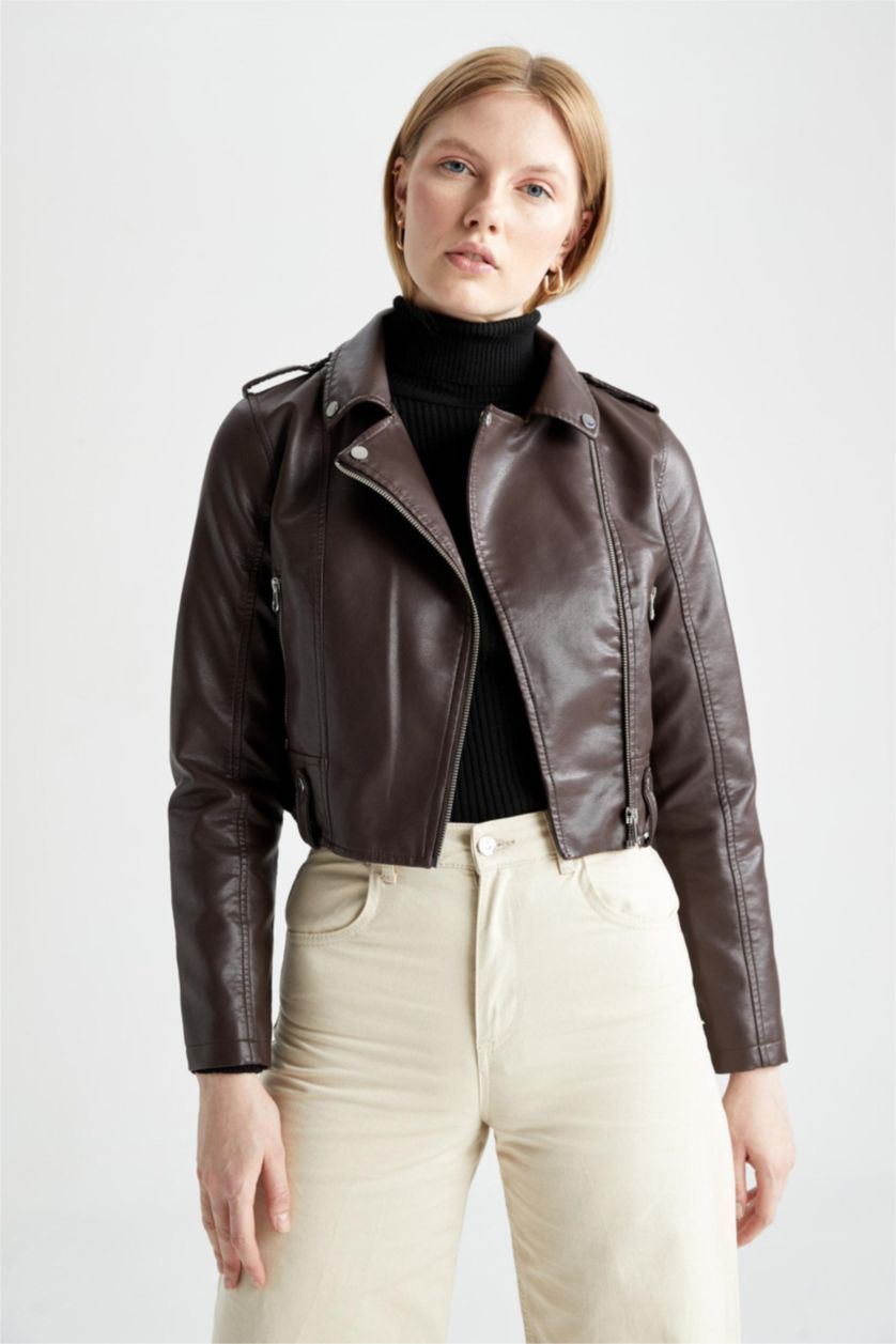 WOMAN Brown Regular Fit Faux Leather Crop Biker Jacket