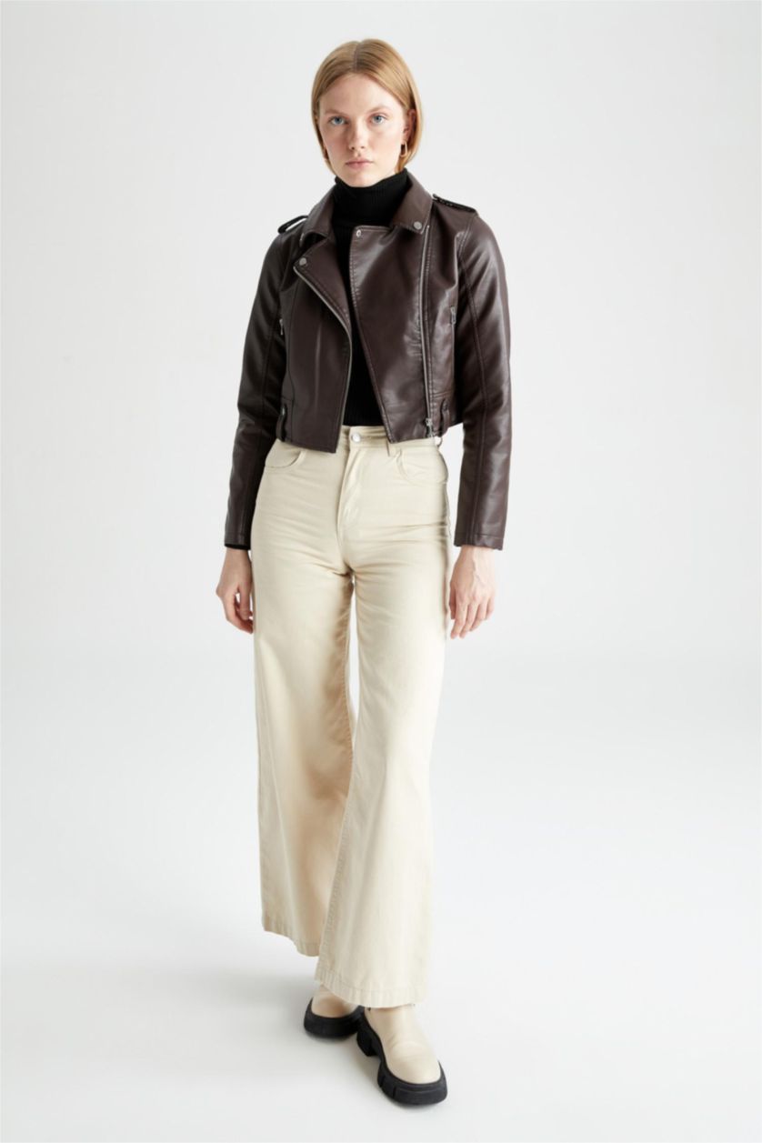 WOMAN Brown Regular Fit Faux Leather Crop Biker Jacket