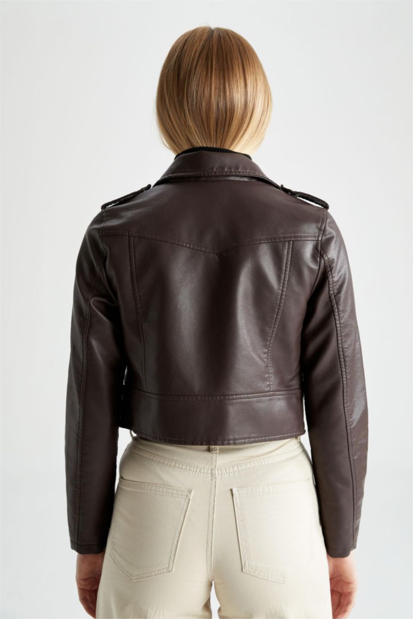 WOMAN Brown Regular Fit Faux Leather Crop Biker Jacket