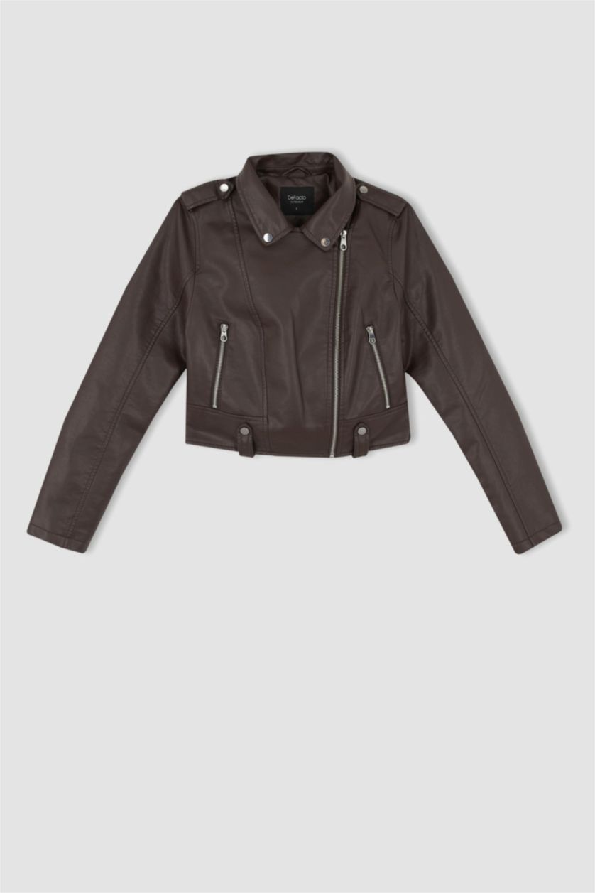 WOMAN Brown Regular Fit Faux Leather Crop Biker Jacket