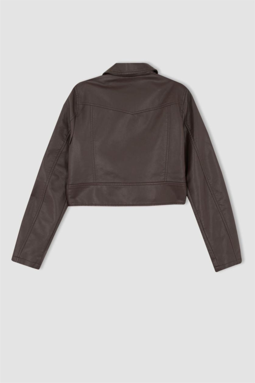 WOMAN Brown Regular Fit Faux Leather Crop Biker Jacket