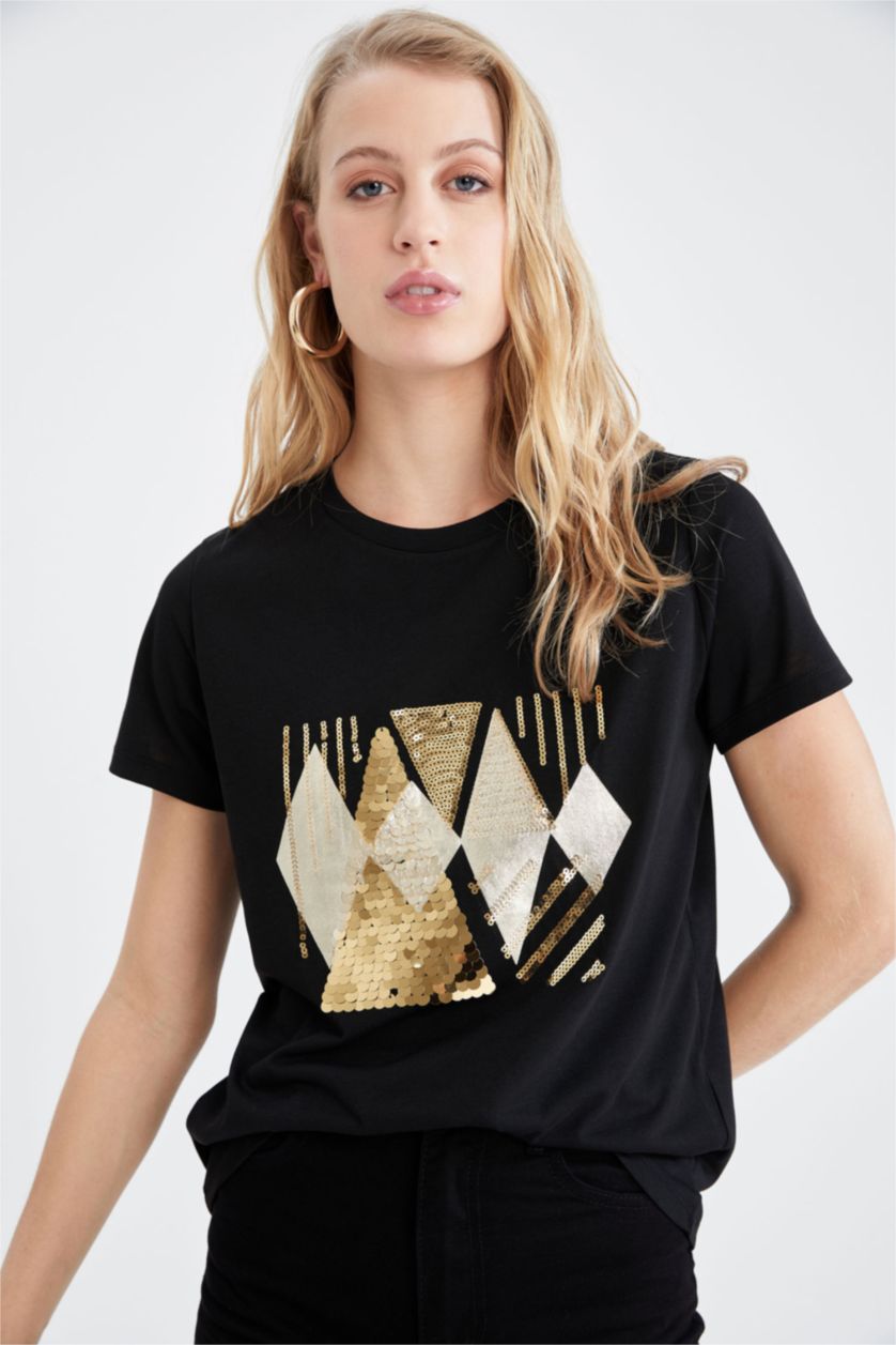 FEMME Noir T-shirt à manches courtes et imprimé métallisé à col ras du cou et à sequins