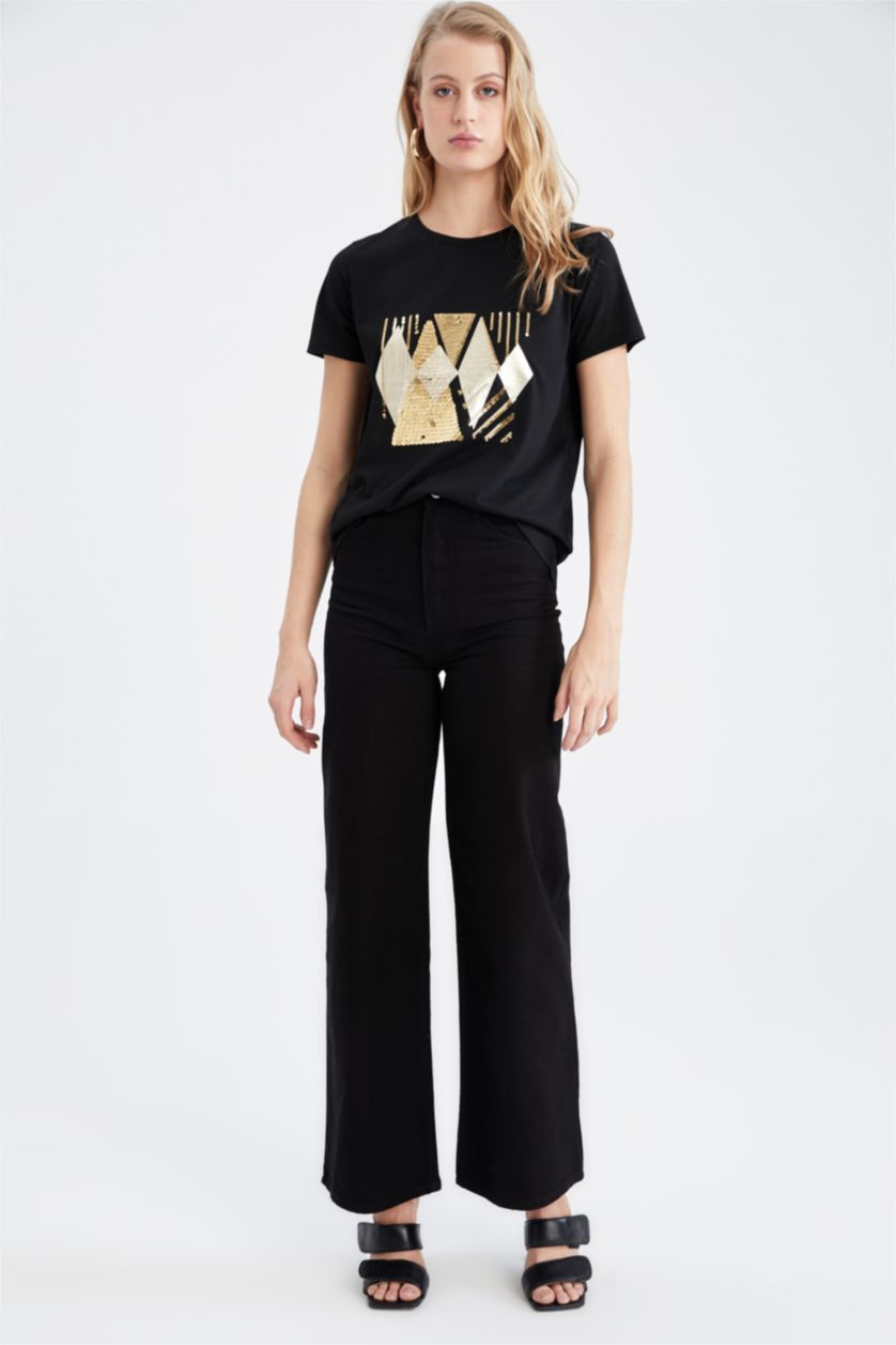 FEMME Noir T-shirt à manches courtes et imprimé métallisé à col ras du cou et à sequins