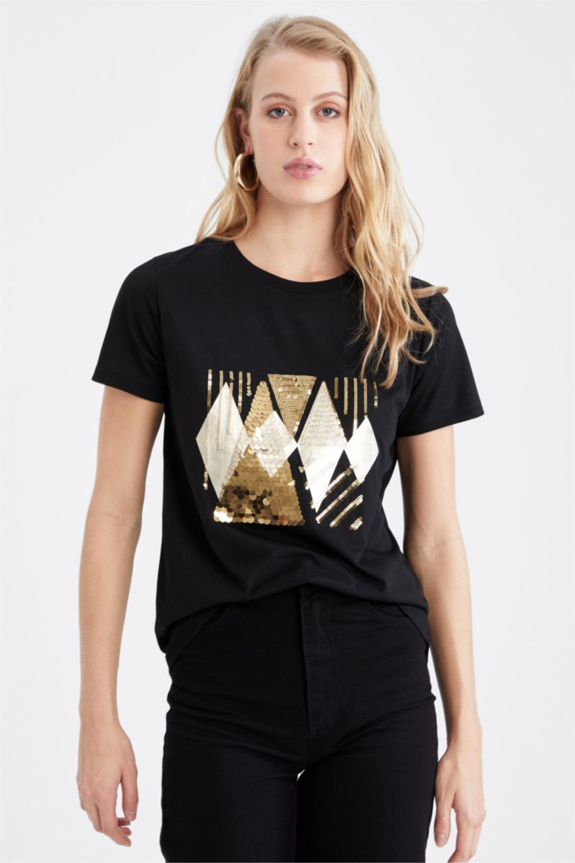 FEMME Noir T-shirt à manches courtes et imprimé métallisé à col ras du cou et à sequins