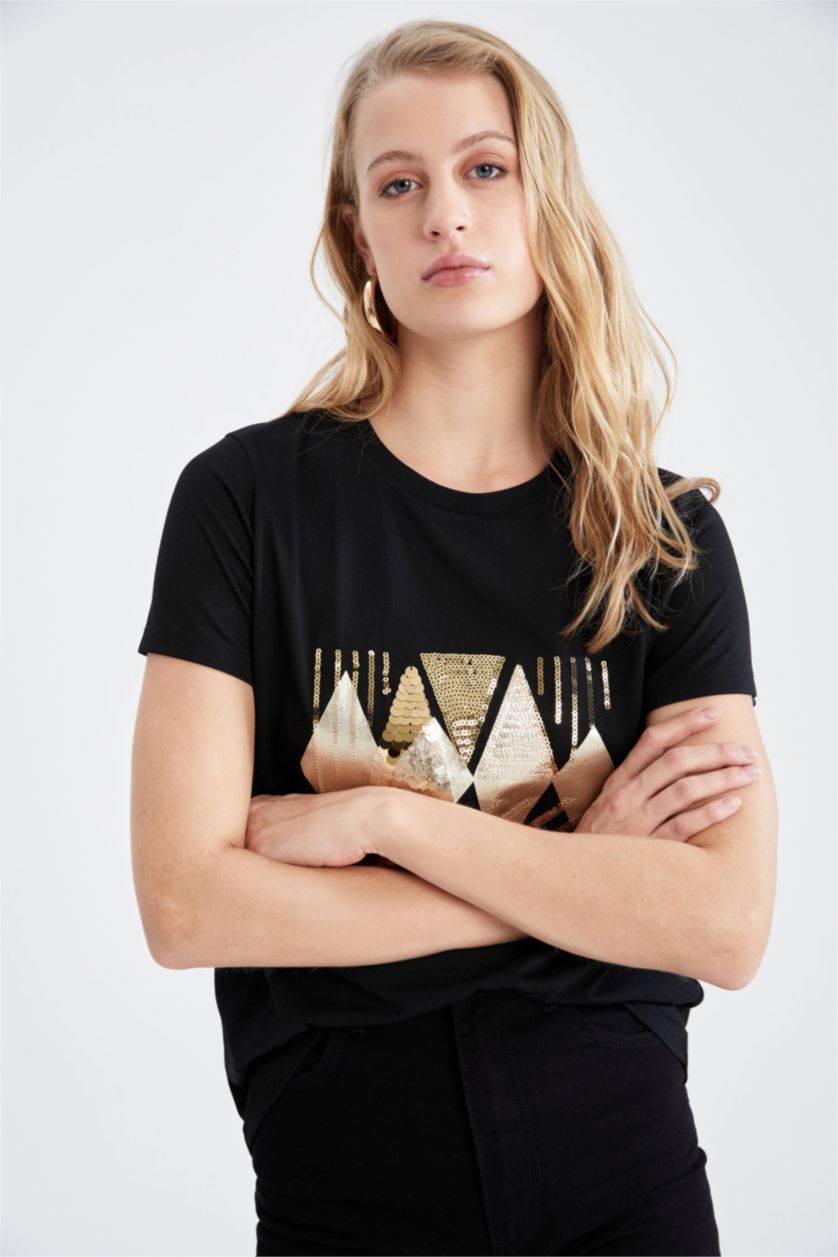 FEMME Noir T-shirt à manches courtes et imprimé métallisé à col ras du cou et à sequins