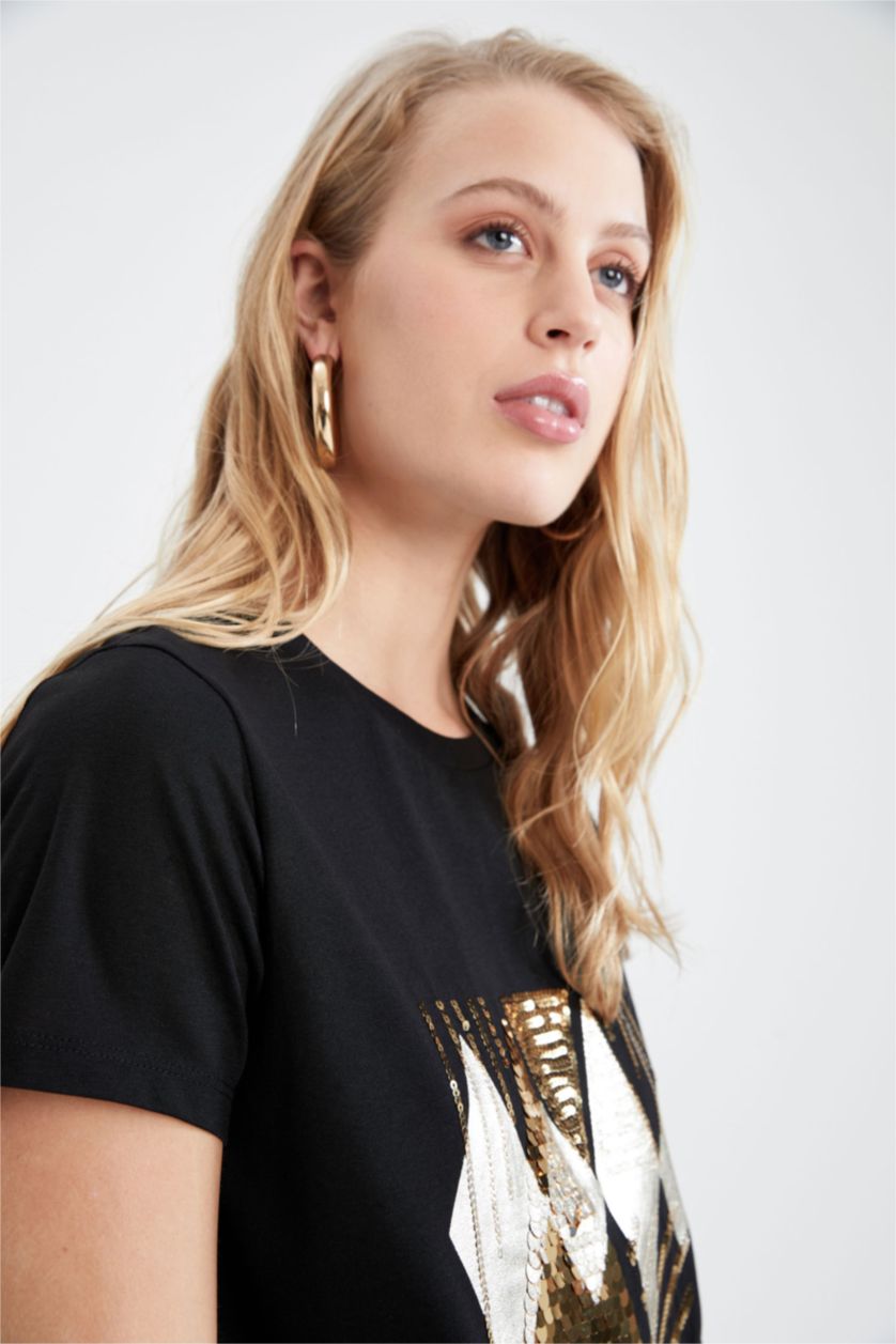 FEMME Noir T-shirt à manches courtes et imprimé métallisé à col ras du cou et à sequins