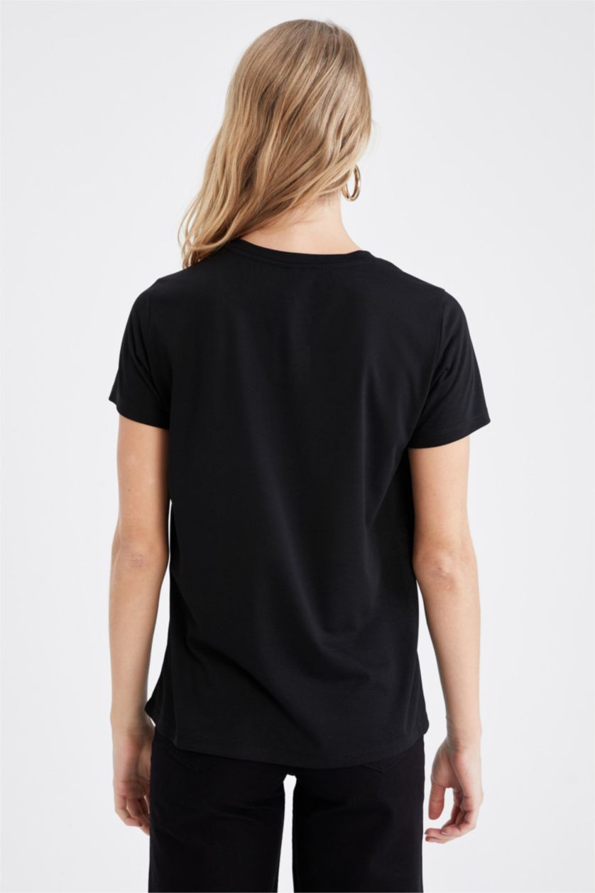 FEMME Noir T-shirt à manches courtes et imprimé métallisé à col ras du cou et à sequins