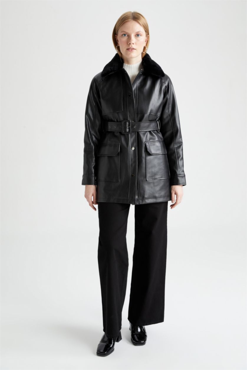 نساء أسود جاكيت جلد صناعي قصة عادية