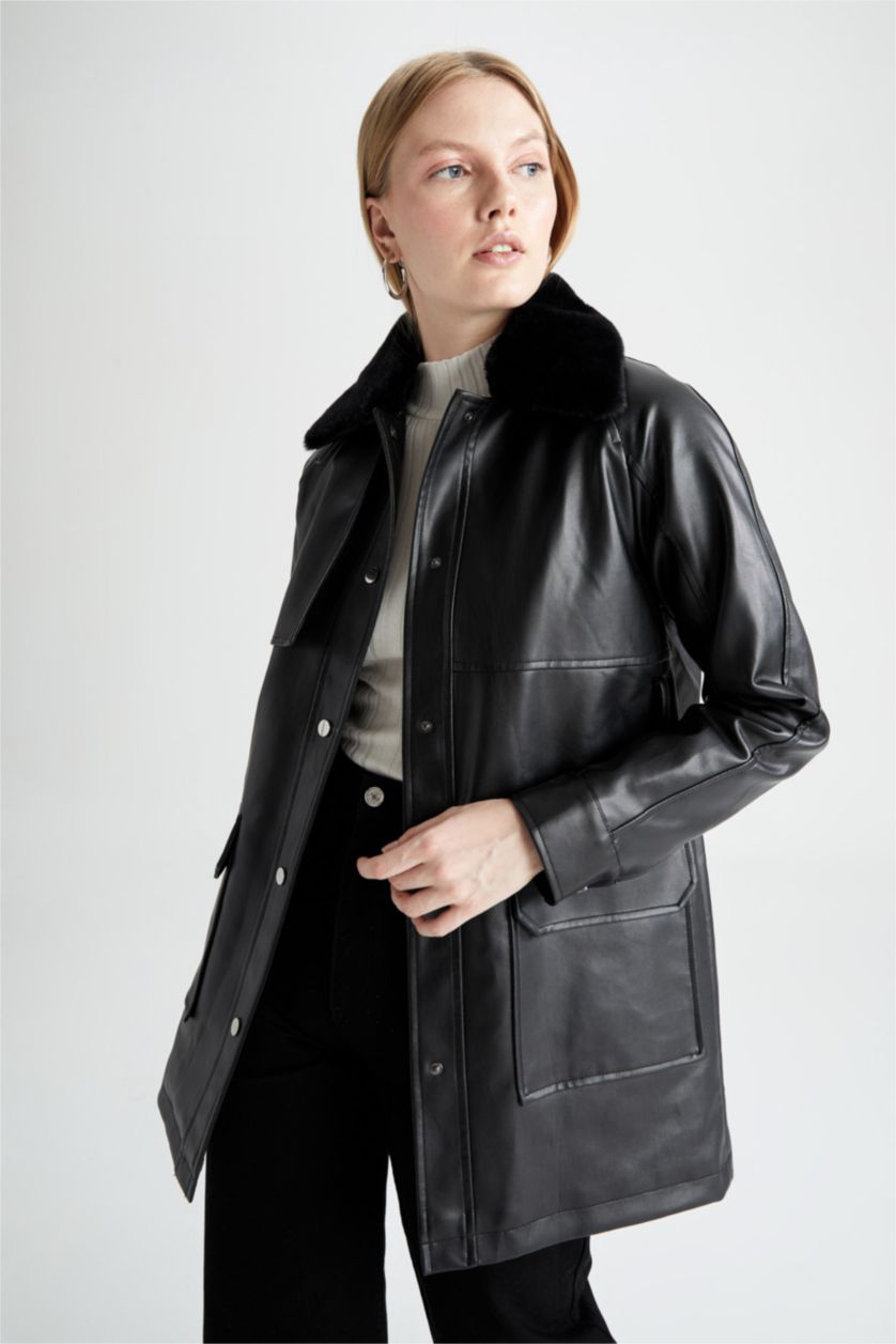 نساء أسود جاكيت جلد صناعي قصة عادية