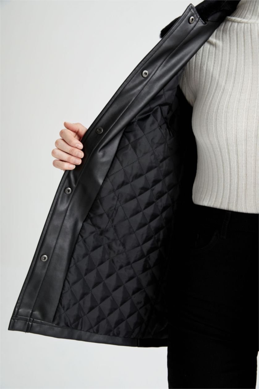 نساء أسود جاكيت جلد صناعي قصة عادية