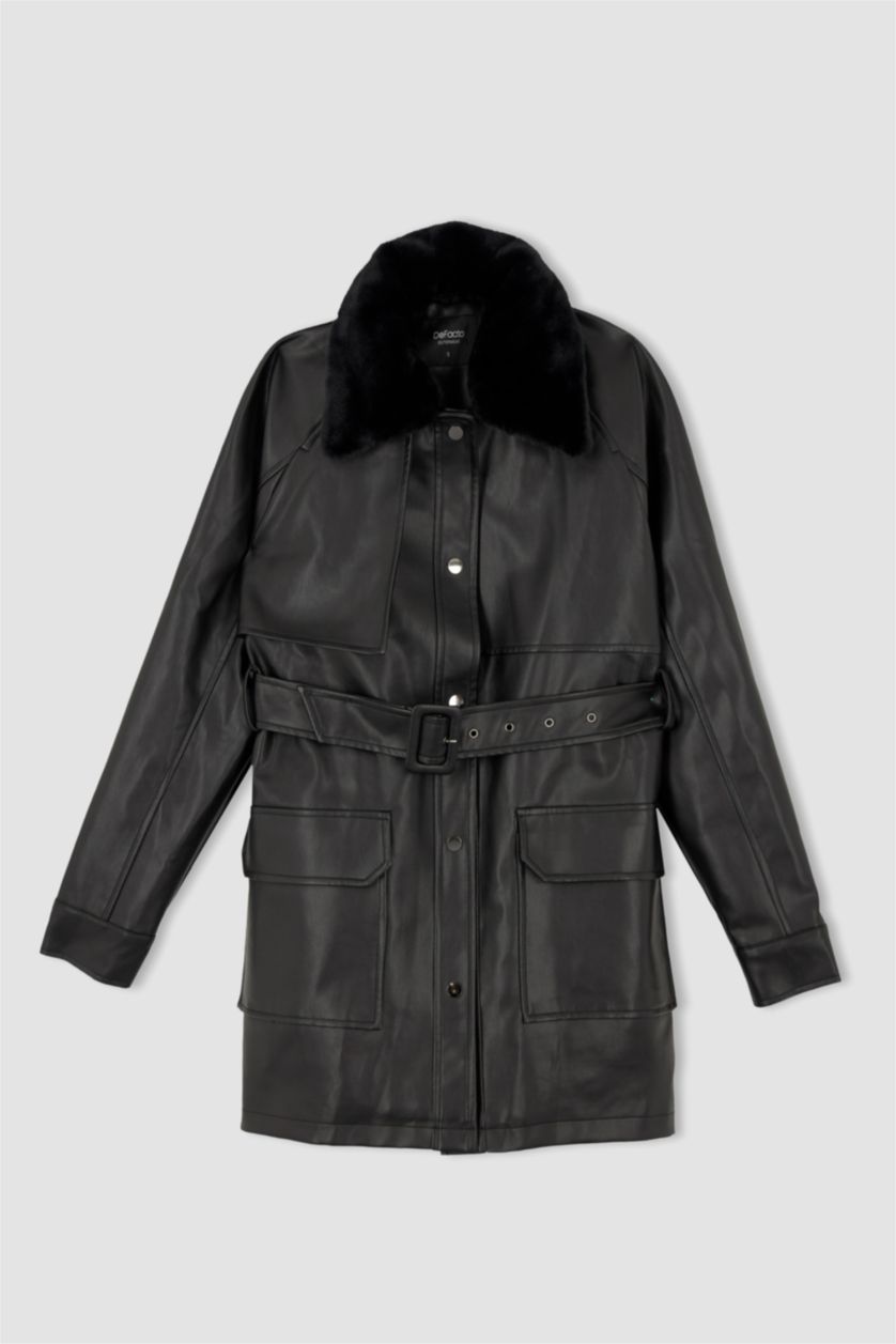 نساء أسود جاكيت جلد صناعي قصة عادية