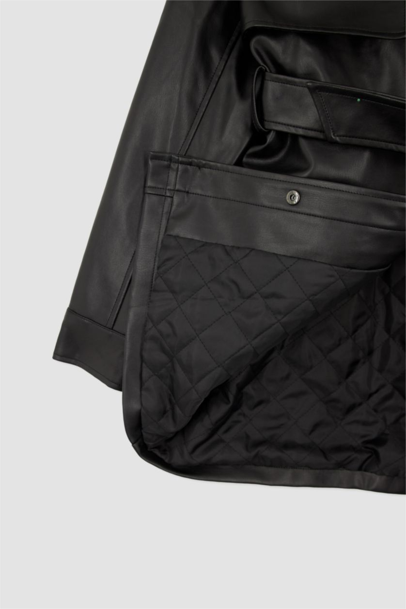 نساء أسود جاكيت جلد صناعي قصة عادية