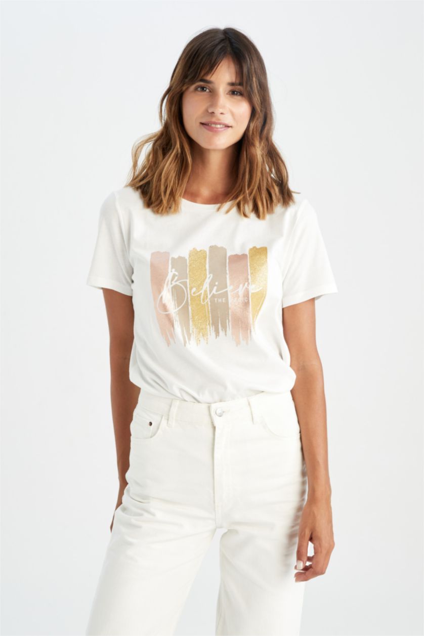 WOMAN Ecru Regular Fit Short Sleeve Batik Printed T-Shirt