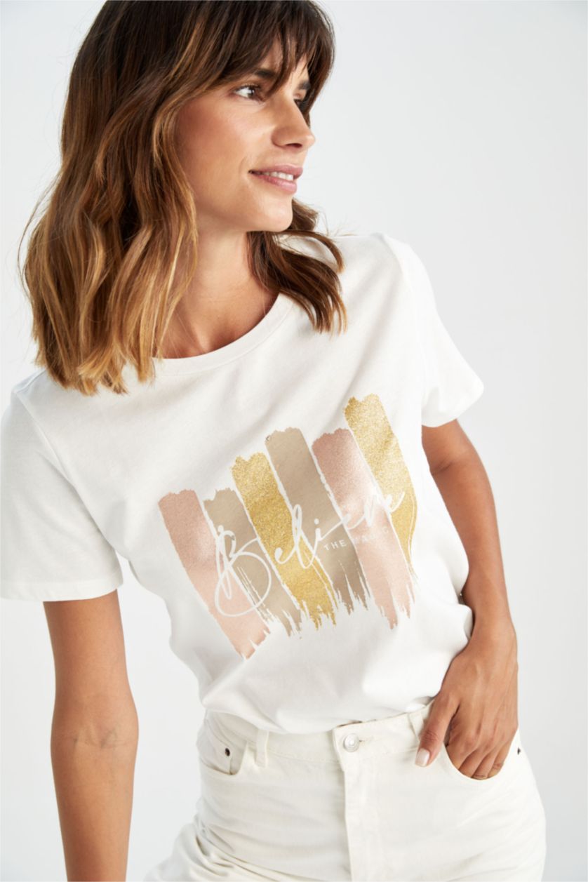 WOMAN Ecru Regular Fit Short Sleeve Batik Printed T-Shirt