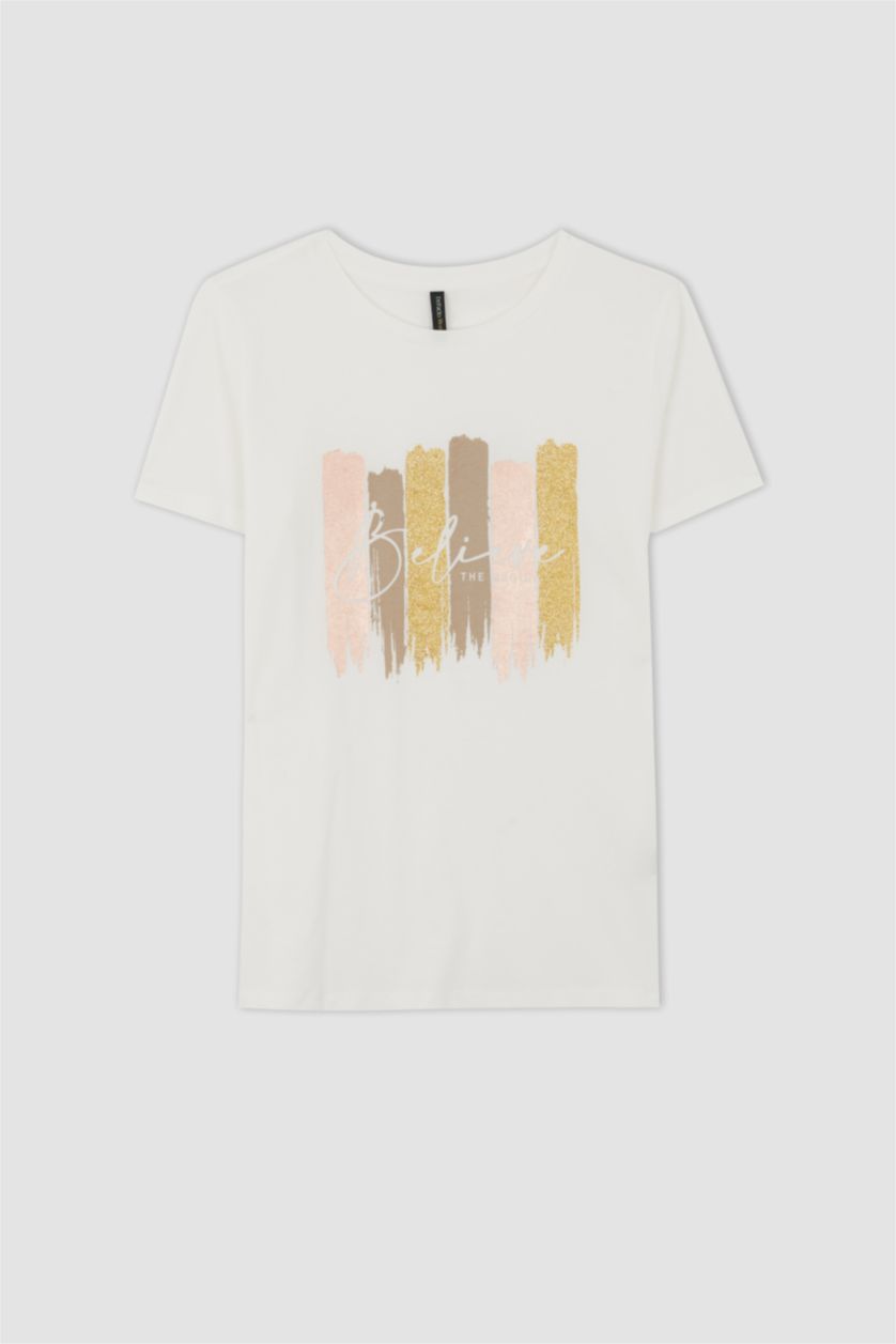 WOMAN Ecru Regular Fit Short Sleeve Batik Printed T-Shirt