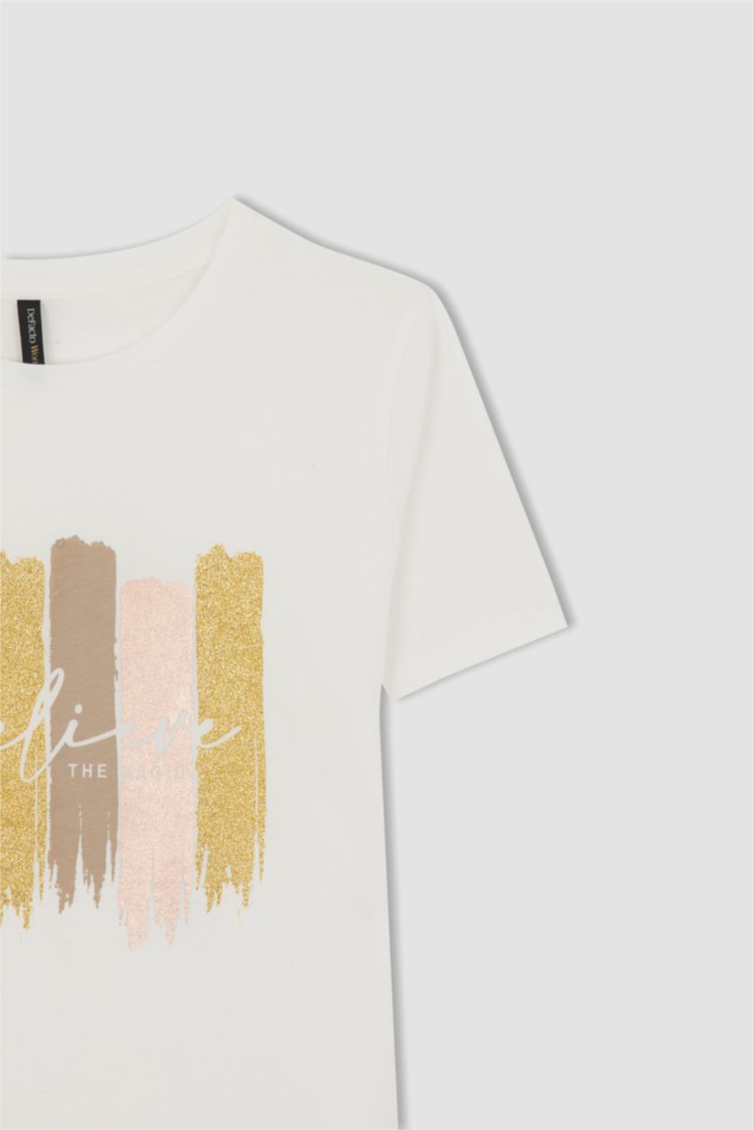 WOMAN Ecru Regular Fit Short Sleeve Batik Printed T-Shirt