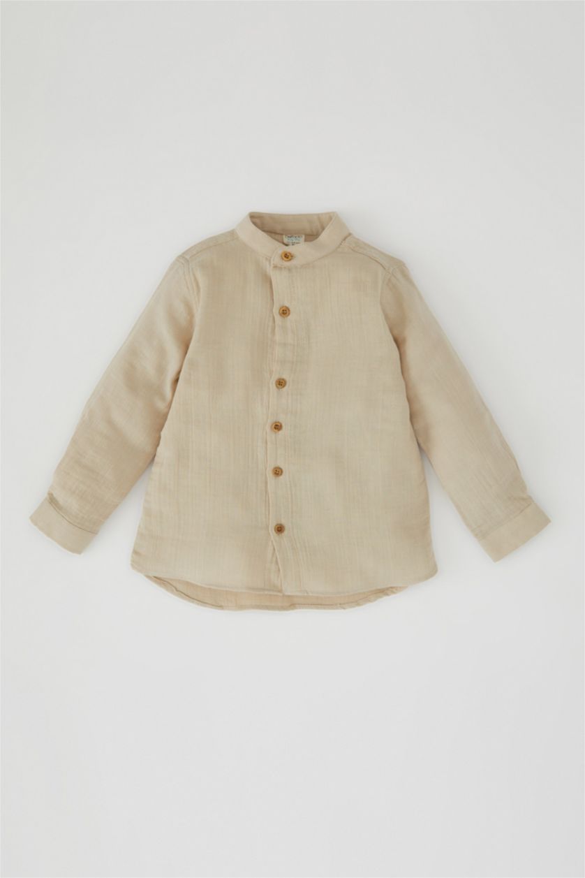 Baby Boy Light Stone Baby Boy Regular Fit Long Sleeve Muslin Shirt