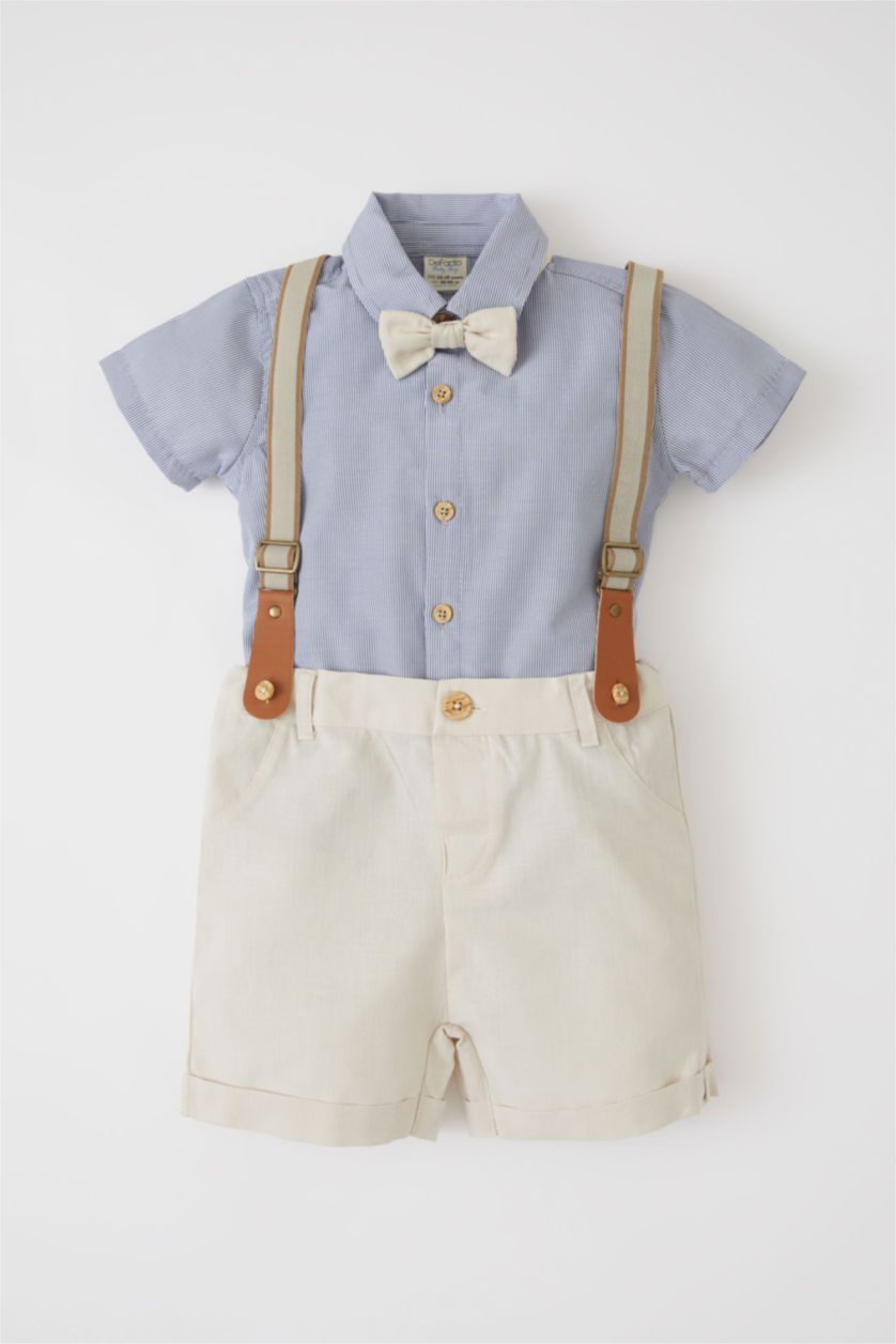 Erkek Bebek Açık Mavi Erkek Bebek Regular Fit Gömlek Şort Pantolon Askılı Papyonlu Takım