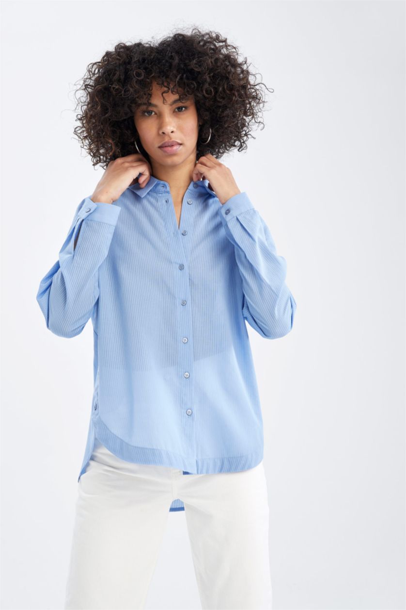 FEMME Bleu Tunique-chemise basique à manches longues coupe classique