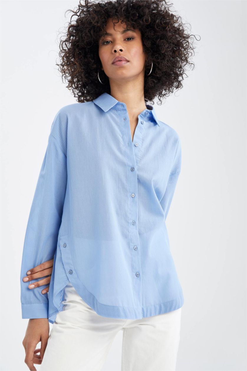 FEMME Bleu Tunique-chemise basique à manches longues coupe classique