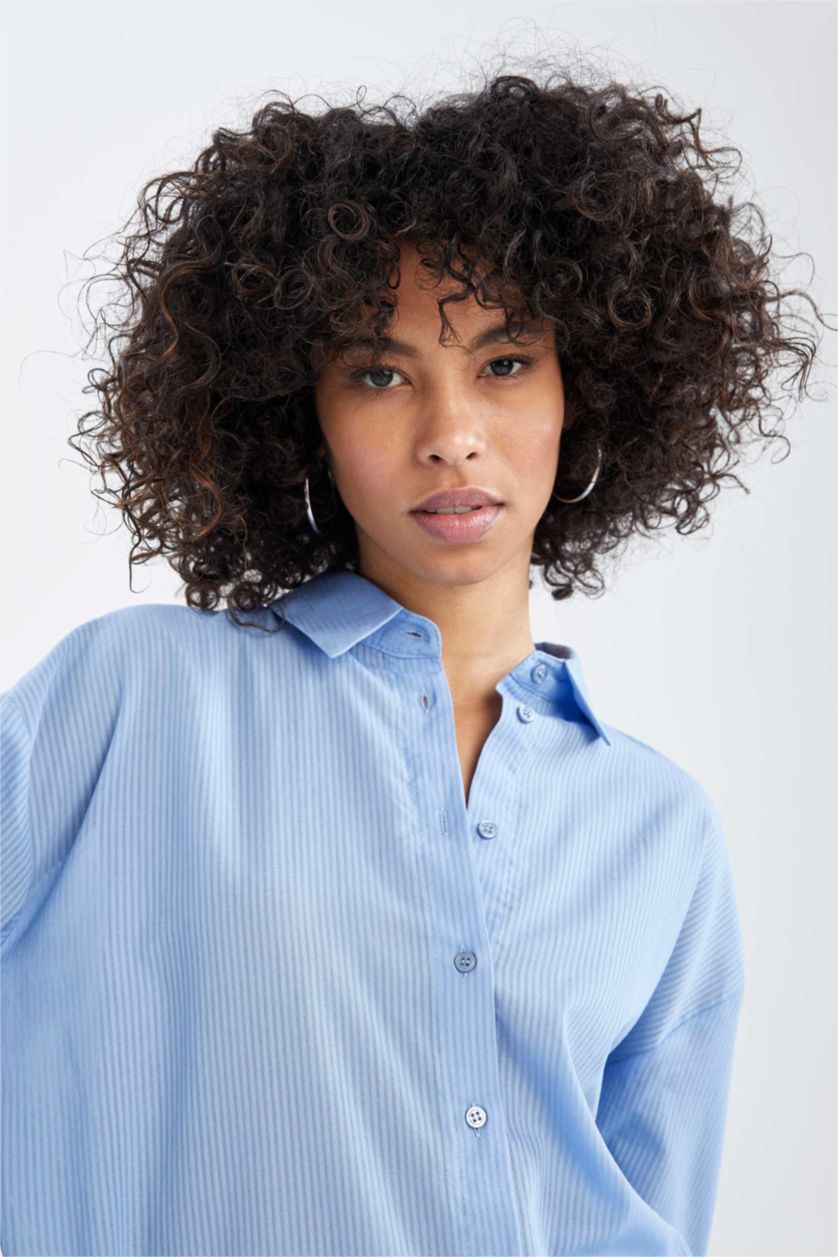 FEMME Bleu Tunique-chemise basique à manches longues coupe classique