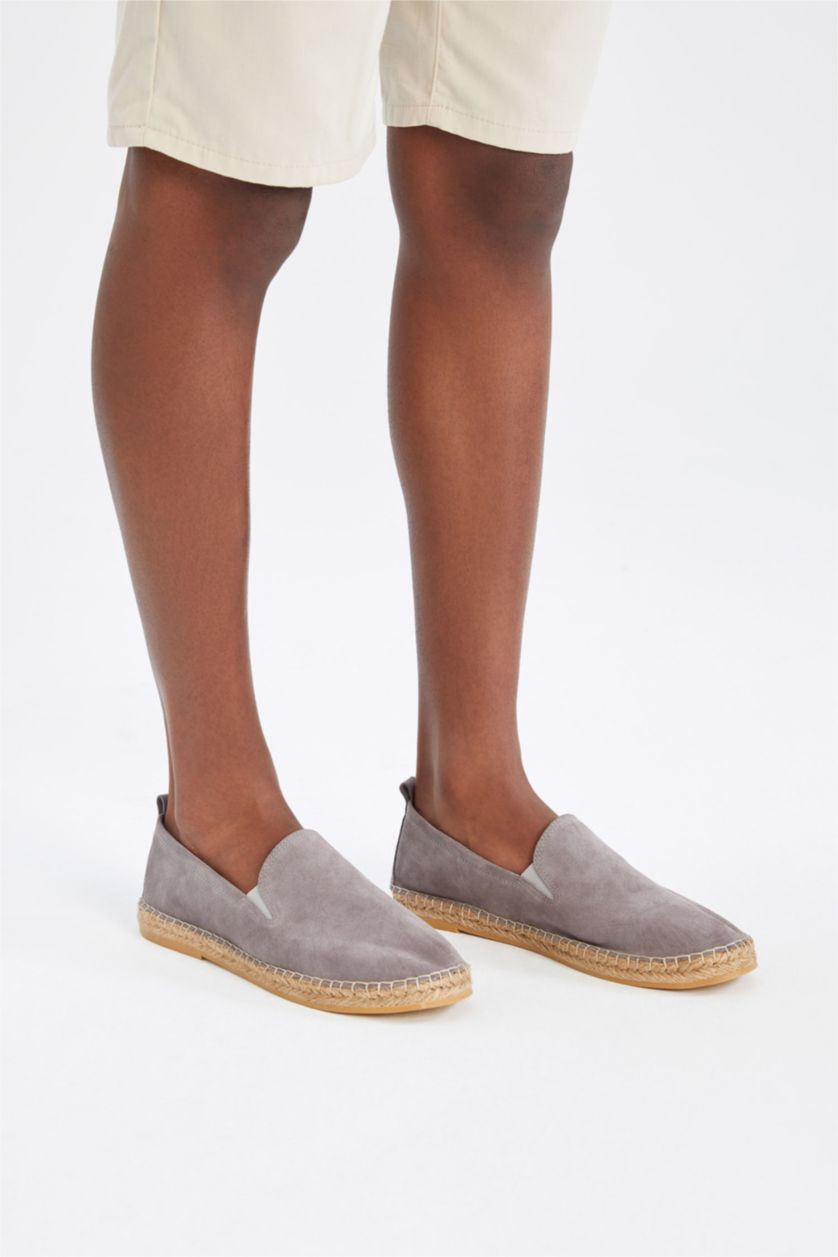 Erkek Gri Erkek Deri Hasır Tabanlı Espadril Ayakkabı