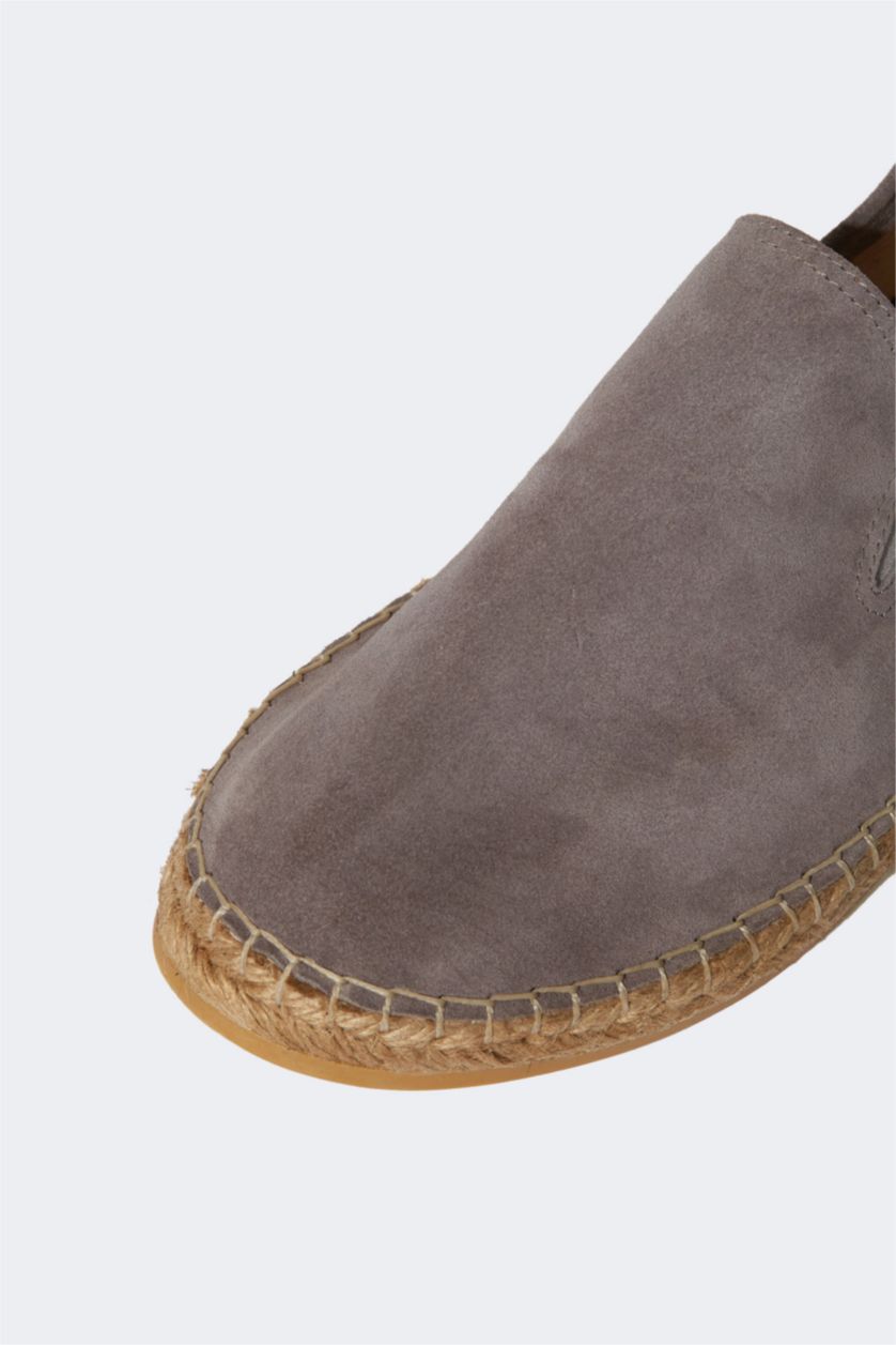Erkek Gri Erkek Deri Hasır Tabanlı Espadril Ayakkabı