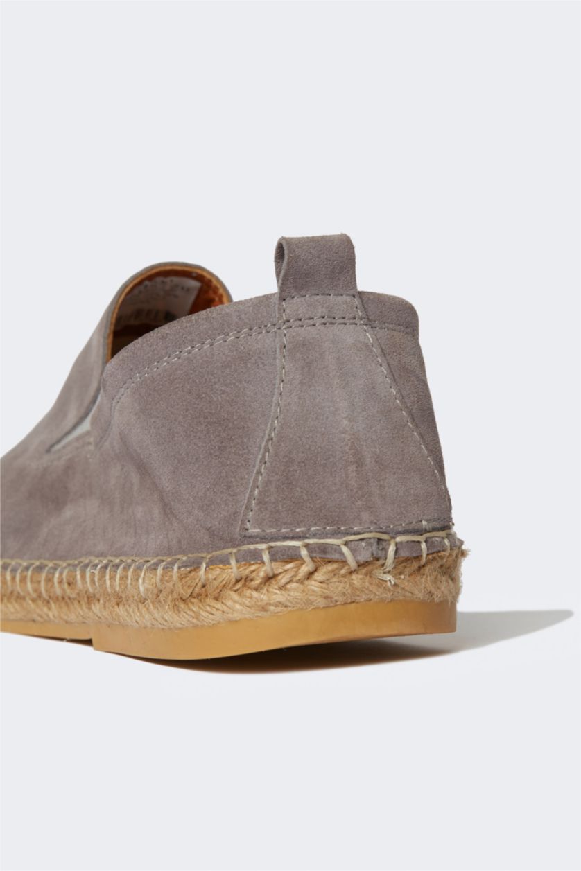 Erkek Gri Erkek Deri Hasır Tabanlı Espadril Ayakkabı