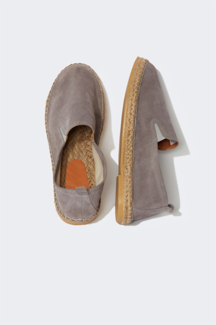 Erkek Gri Erkek Deri Hasır Tabanlı Espadril Ayakkabı