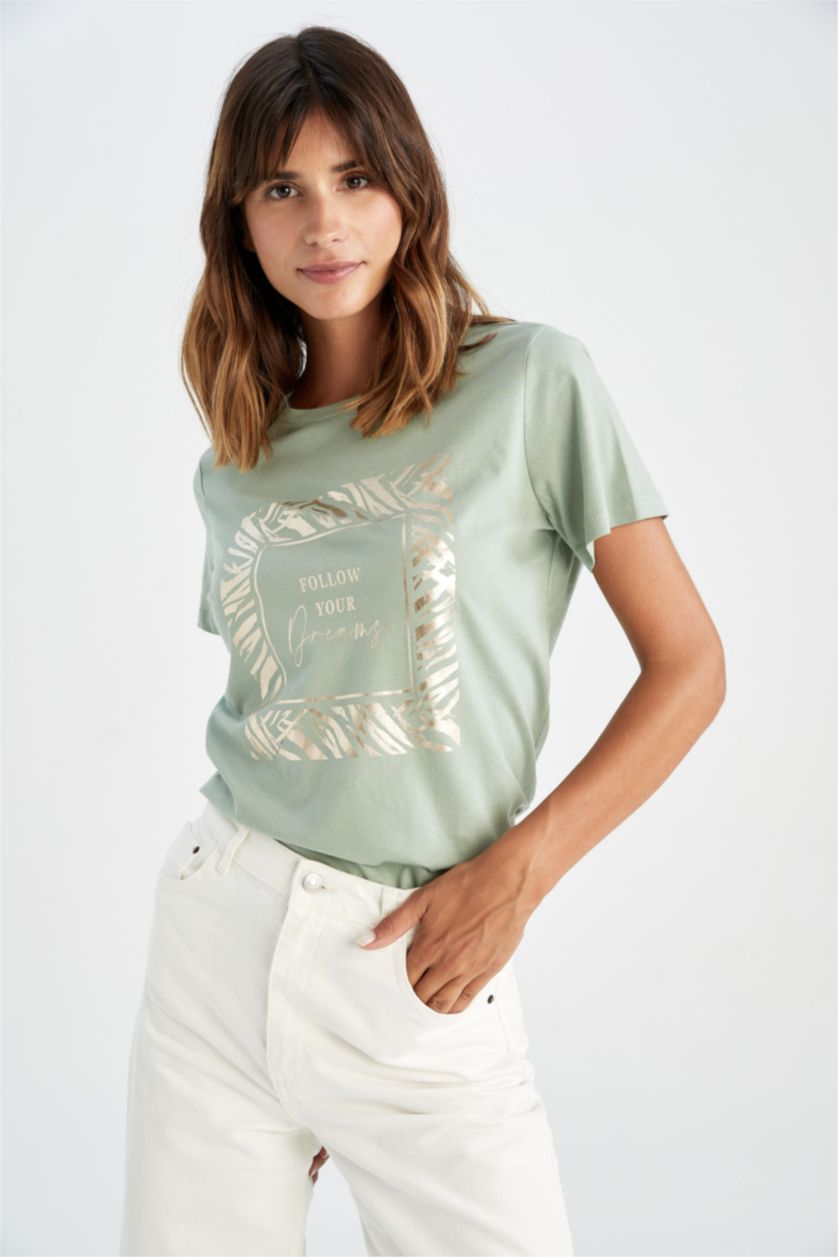 Kadın Mint Regular Fit Varak Baskılı Kısa Kollu %100 Pamuk Tişört