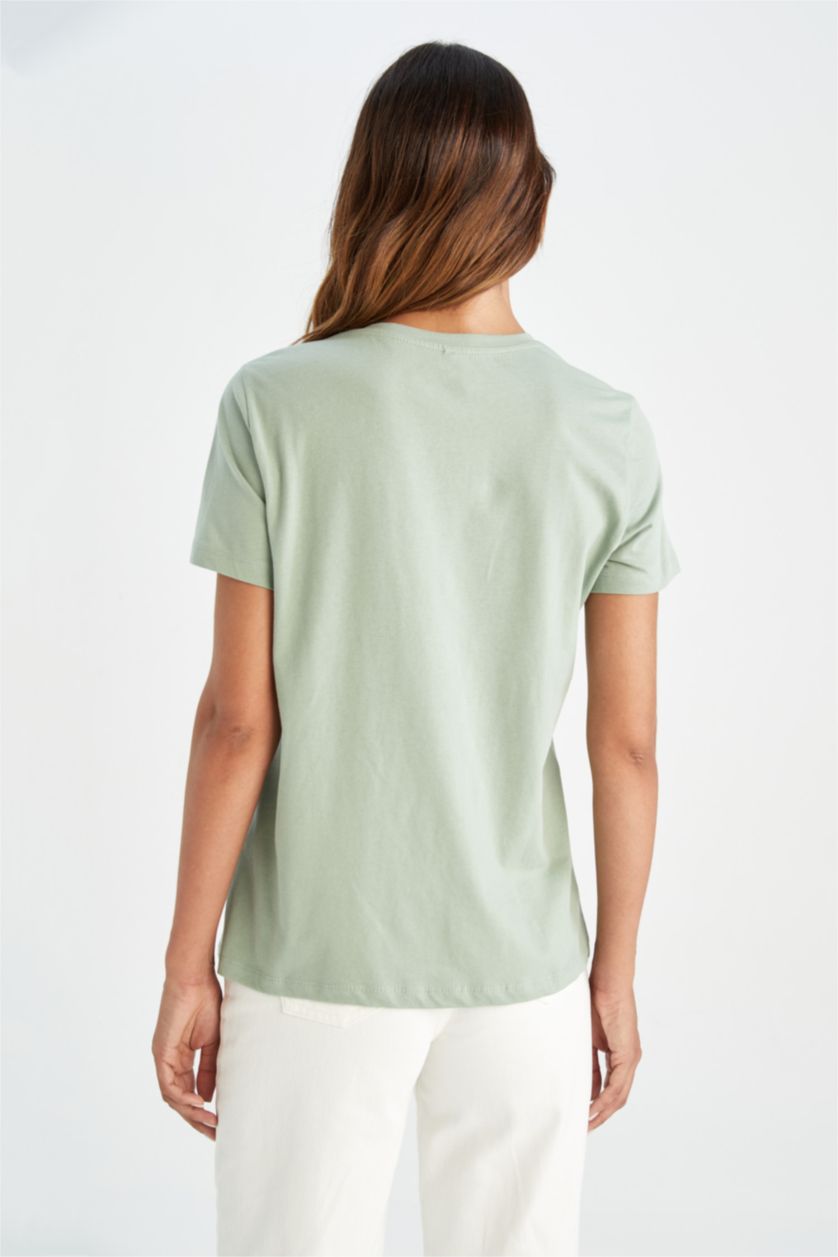 Kadın Mint Regular Fit Varak Baskılı Kısa Kollu %100 Pamuk Tişört