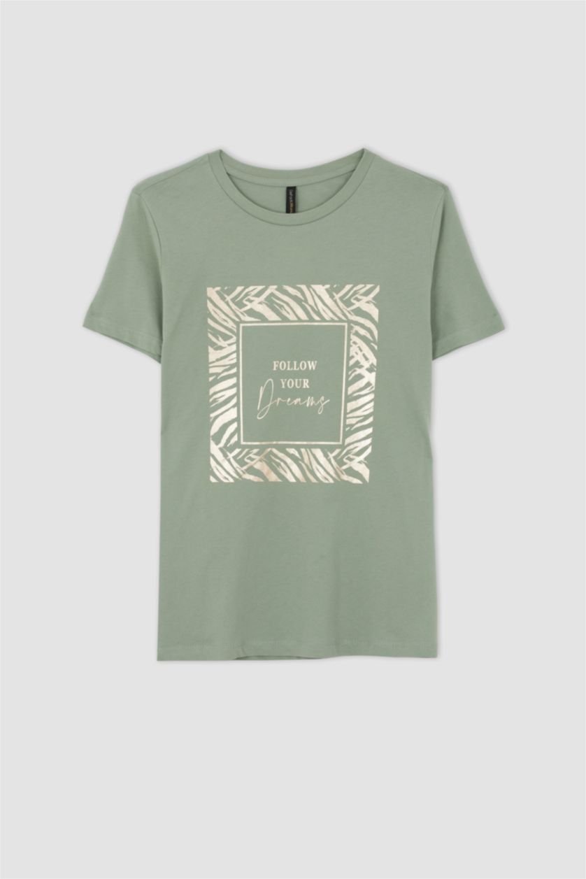 Kadın Mint Regular Fit Varak Baskılı Kısa Kollu %100 Pamuk Tişört