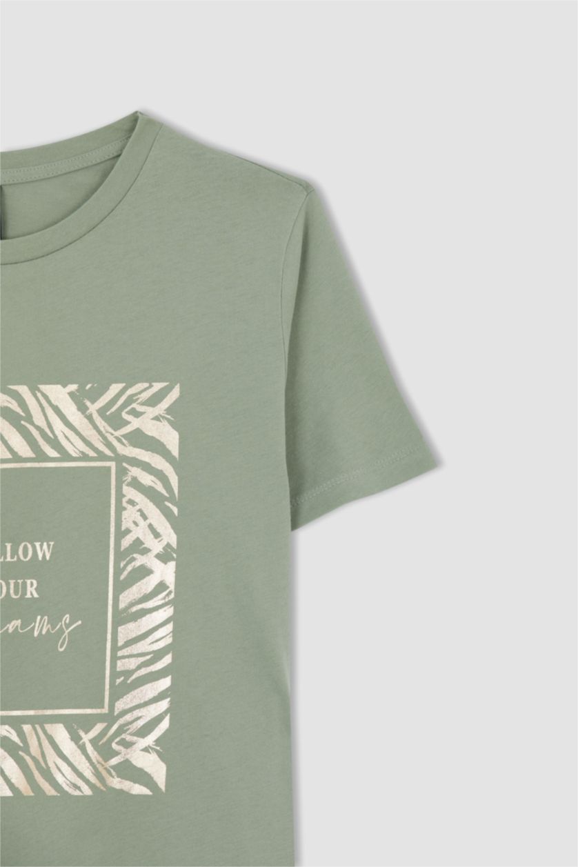 Kadın Mint Regular Fit Varak Baskılı Kısa Kollu %100 Pamuk Tişört