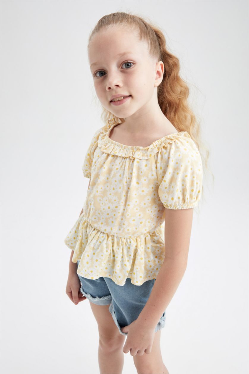 Дівчачий Світло-жовтий Блузка з коротким рукавом з рукавами-ліхтариками для дівчаток