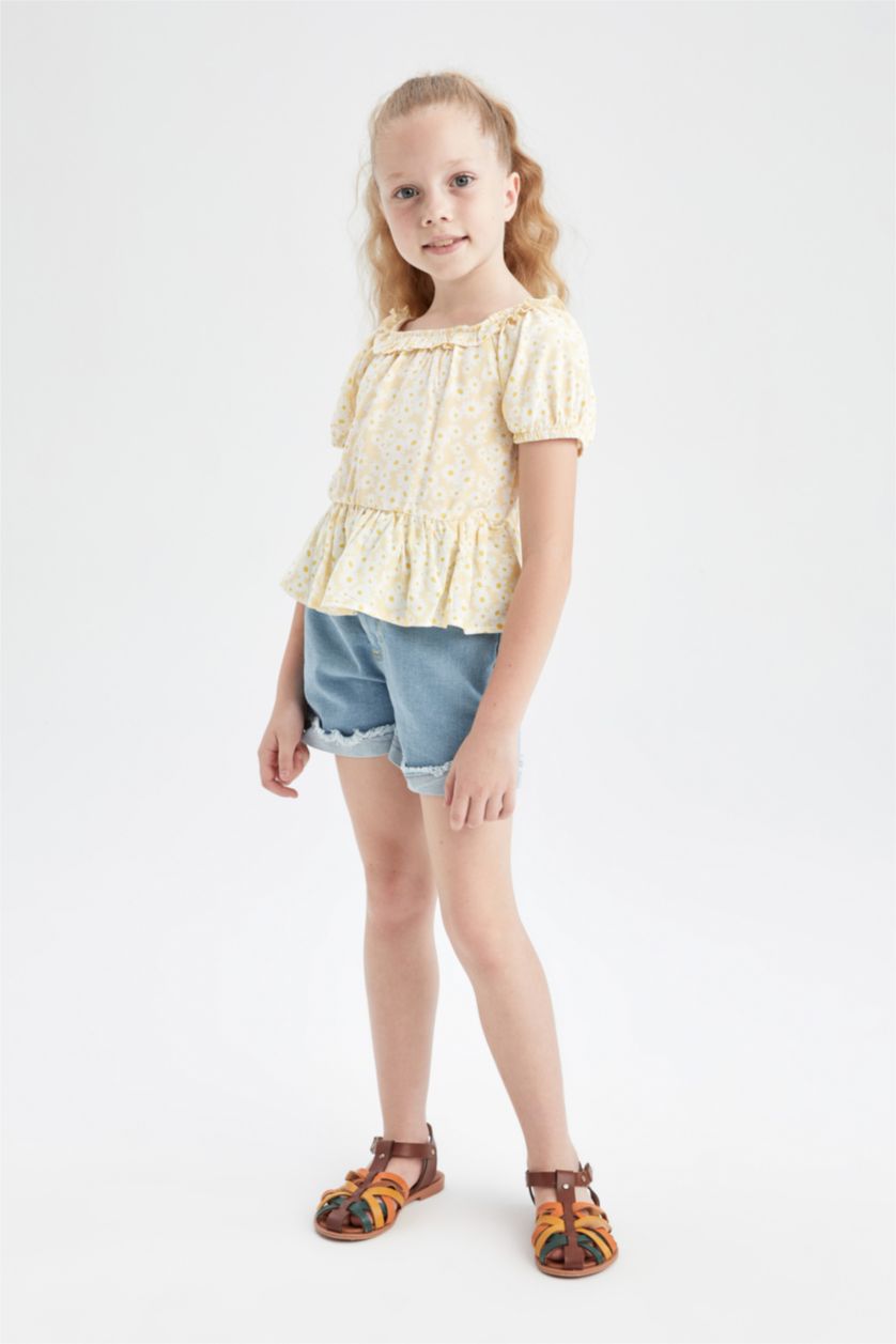 Дівчачий Світло-жовтий Блузка з коротким рукавом з рукавами-ліхтариками для дівчаток