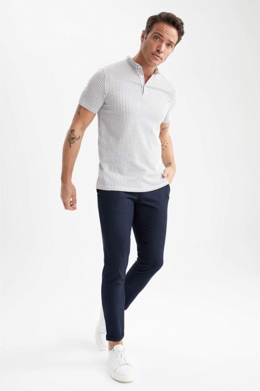 رجالي كحلي تي شيرت بولو مخطط قصة عادية