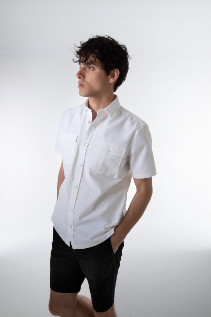 MAN White Regular Fit Double Pocket Cotton Short Sleeve Shirt