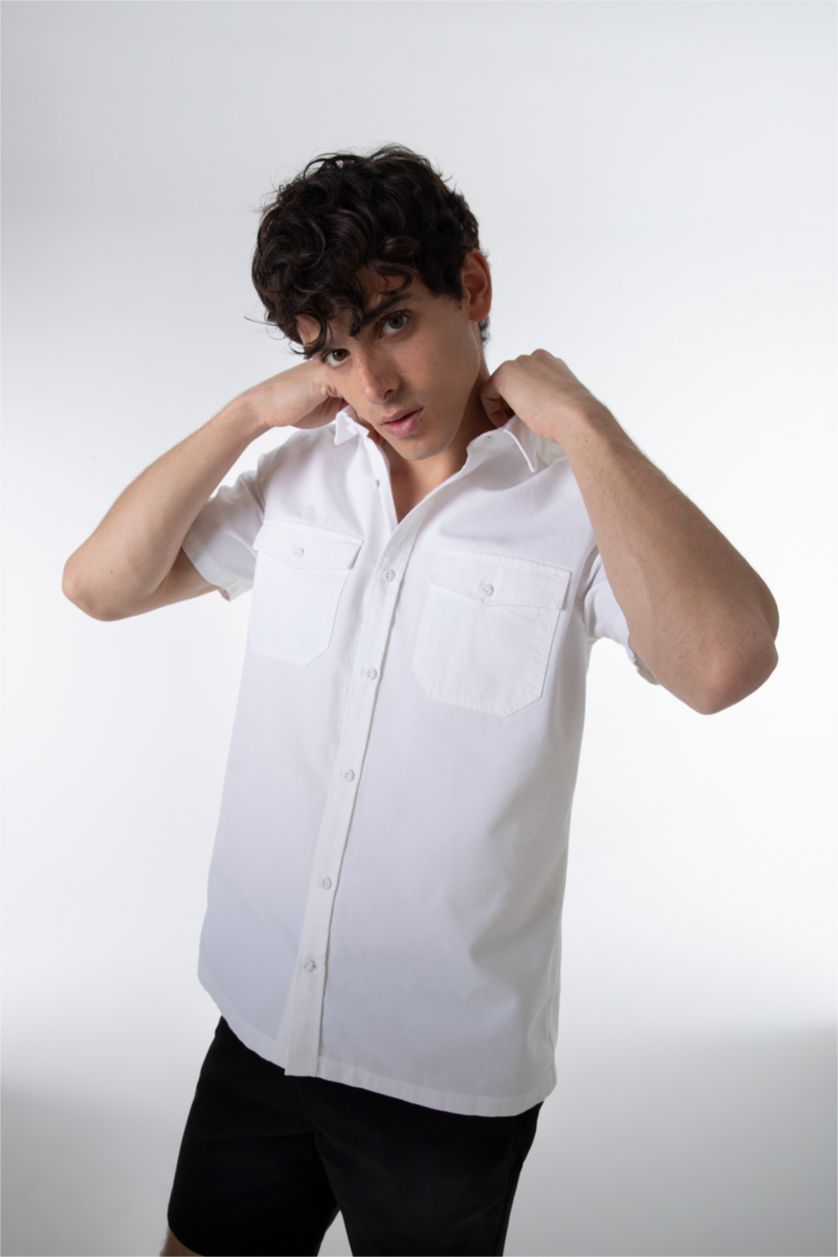 MAN White Regular Fit Double Pocket Cotton Short Sleeve Shirt