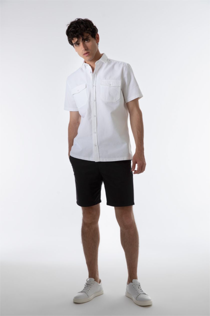 MAN White Regular Fit Double Pocket Cotton Short Sleeve Shirt