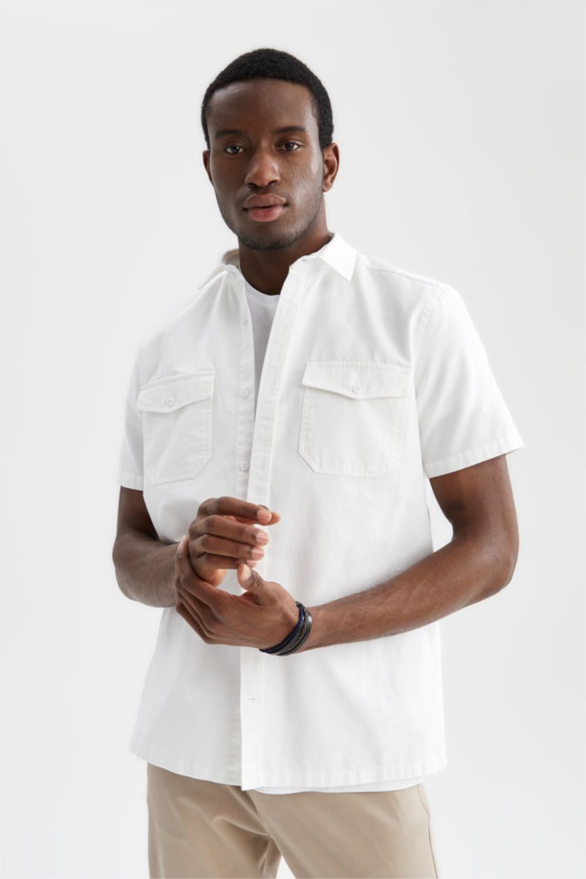 MAN White Regular Fit Double Pocket Cotton Short Sleeve Shirt