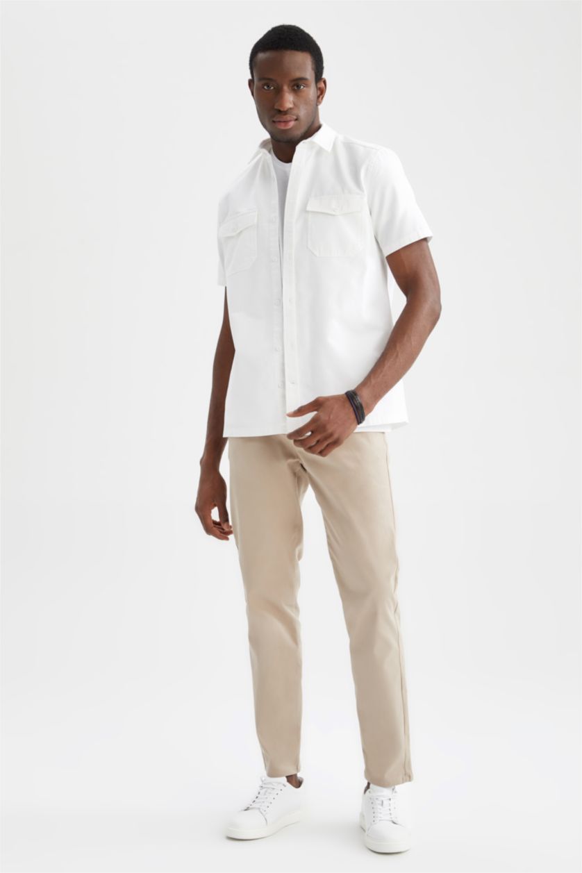 MAN White Regular Fit Double Pocket Cotton Short Sleeve Shirt