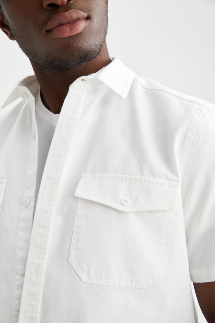 MAN White Regular Fit Double Pocket Cotton Short Sleeve Shirt