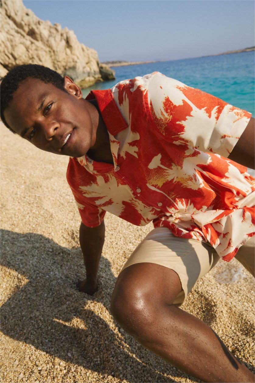 MAN Dark Orange Regular Fit Short Sleeve Palm Print Viscose Shirt